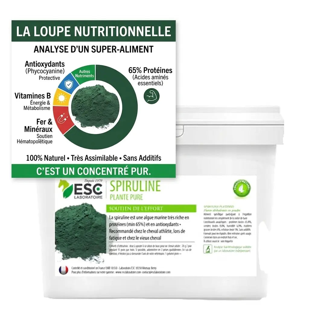 Spiruline pure cheval : composition riche en protéines et fer pour le muscle.