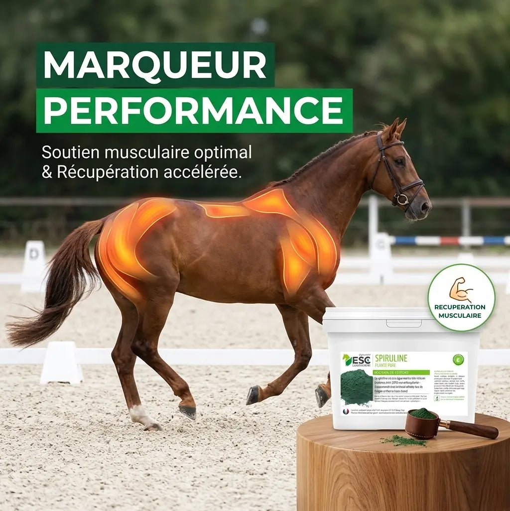 Complément muscle cheval : favoriser la récupération et la masse avec la spiruline.