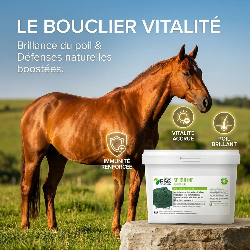 Bienfaits spiruline cheval : vitalité, immunité et brillance du poil naturelle.