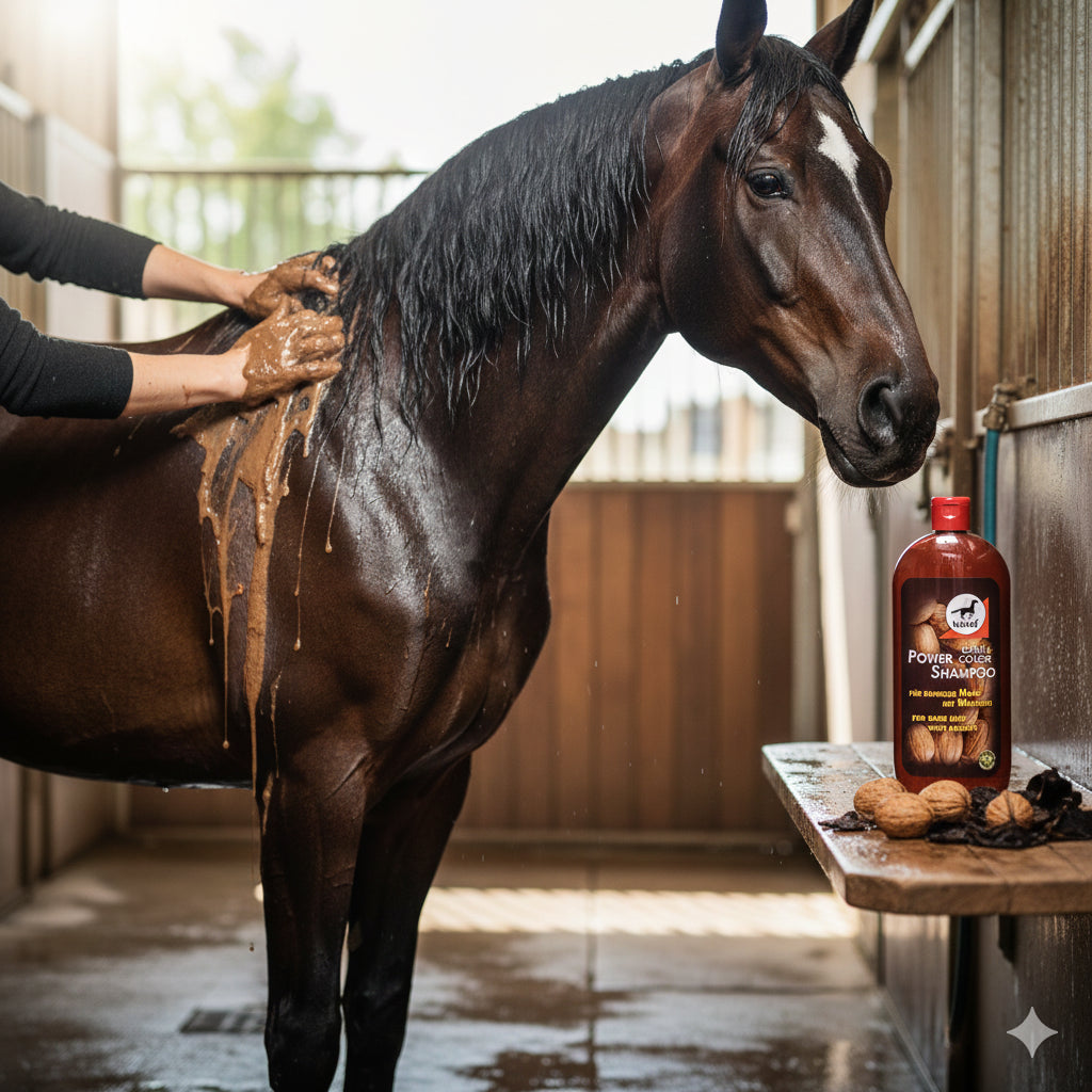 cheval bai lavé avec le shampoing au brou de noix de leovet