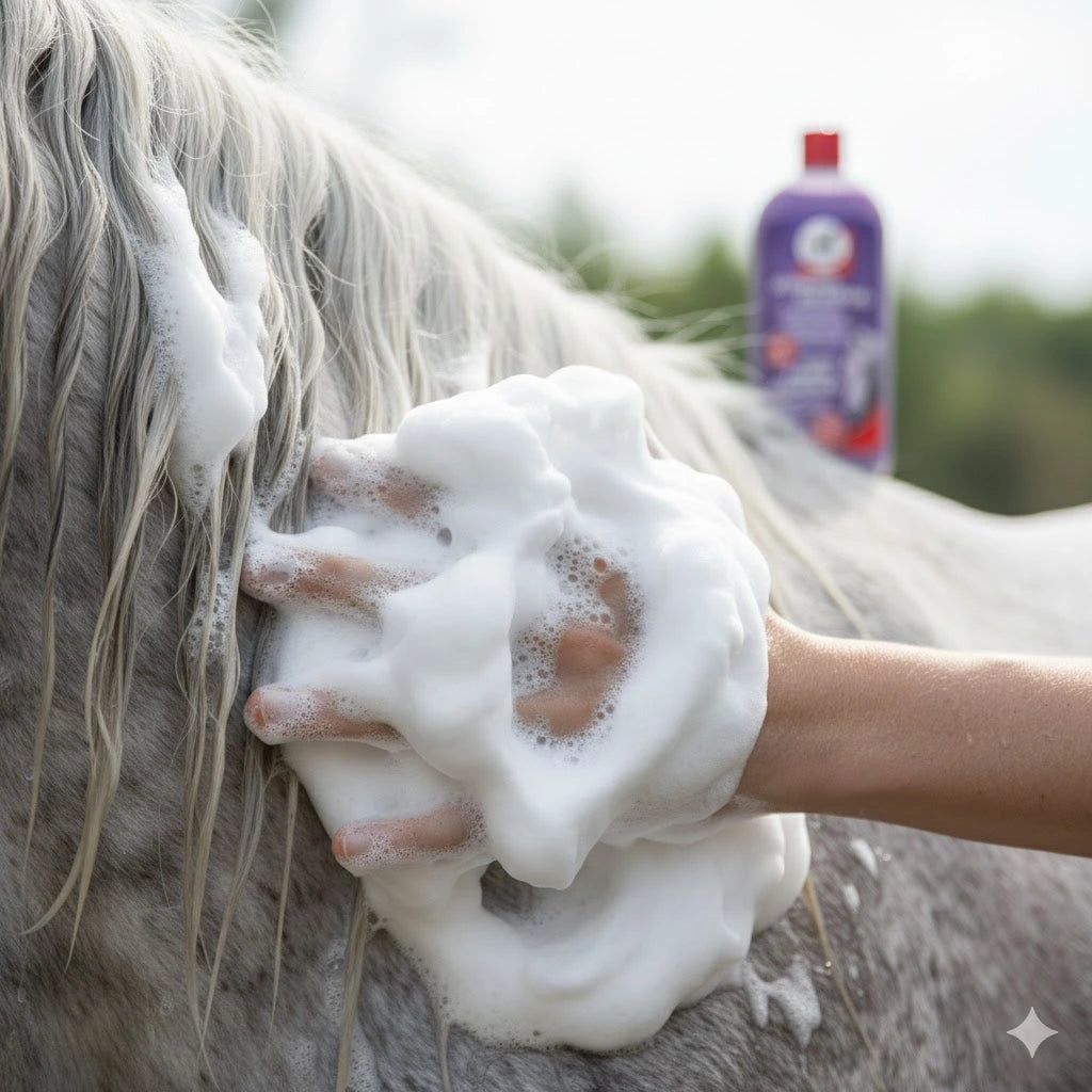 Application shampooing détachant robe grise cheval