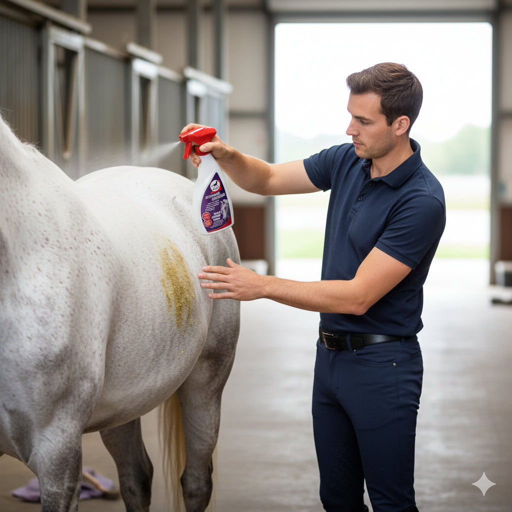 cavalier-utilise-spray-detachant-leovet-robe-cheval-concours