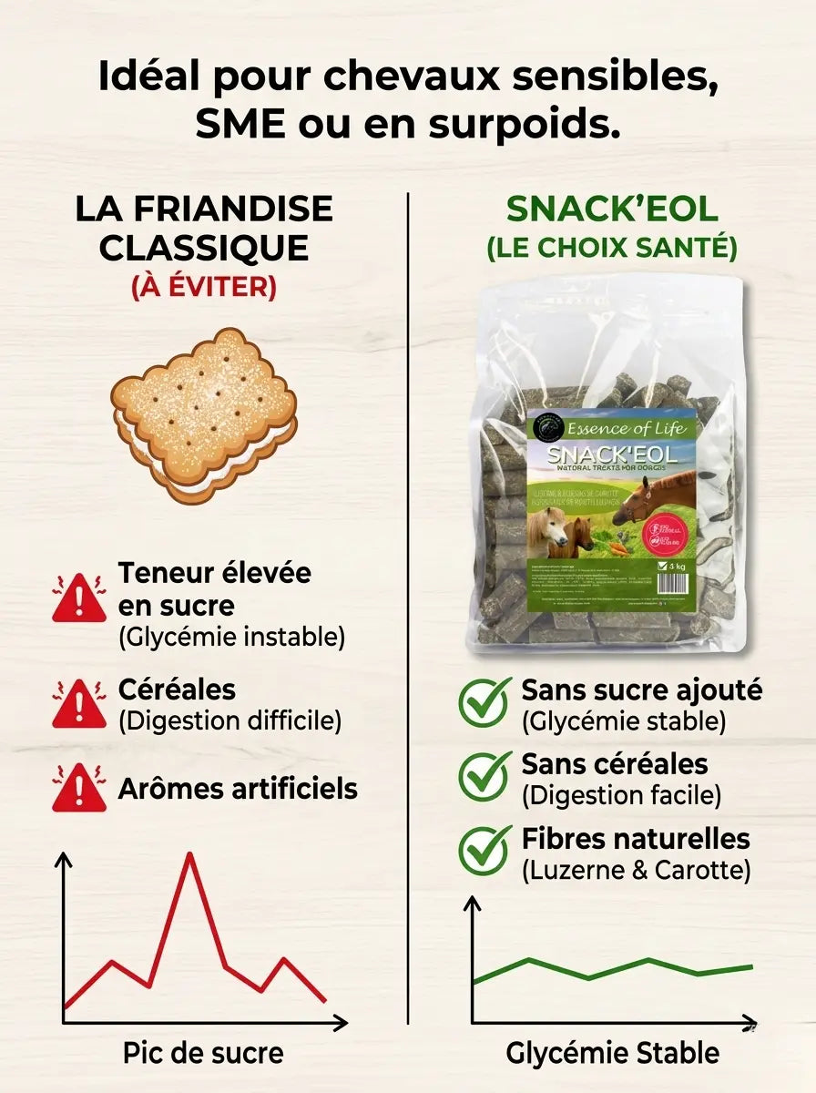 Infographie bénéfices santé Snack EOL : sans céréales et digeste pour chevaux.