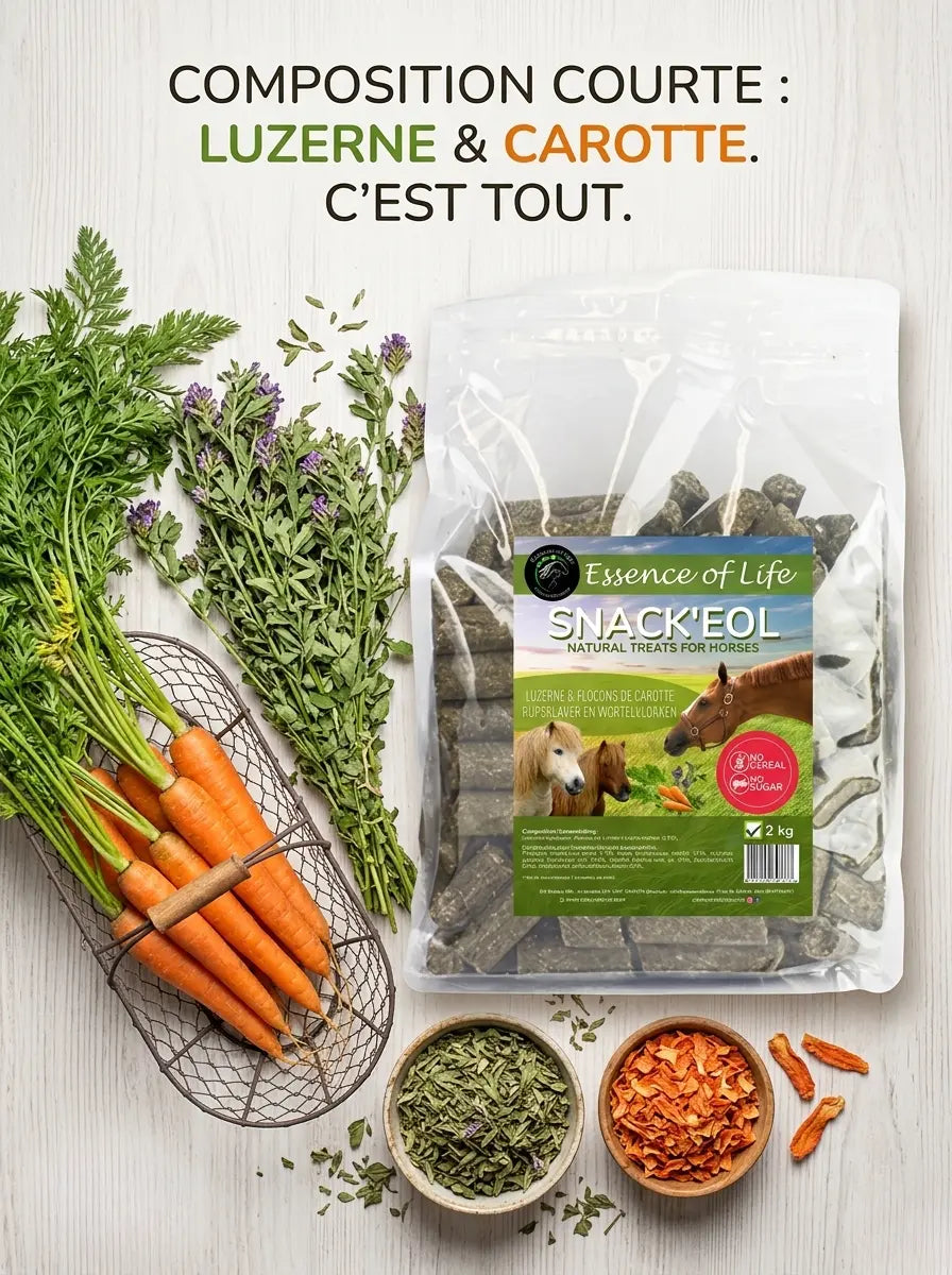 Sac Snack EOL 2kg avec ingrédients naturels, luzerne et carotte pour chevaux.