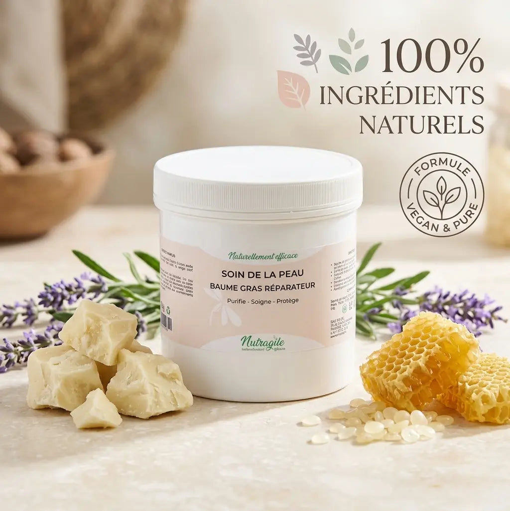Ingrédients naturels du baume Nutragile : Karité, Cire d'abeille et plantes.