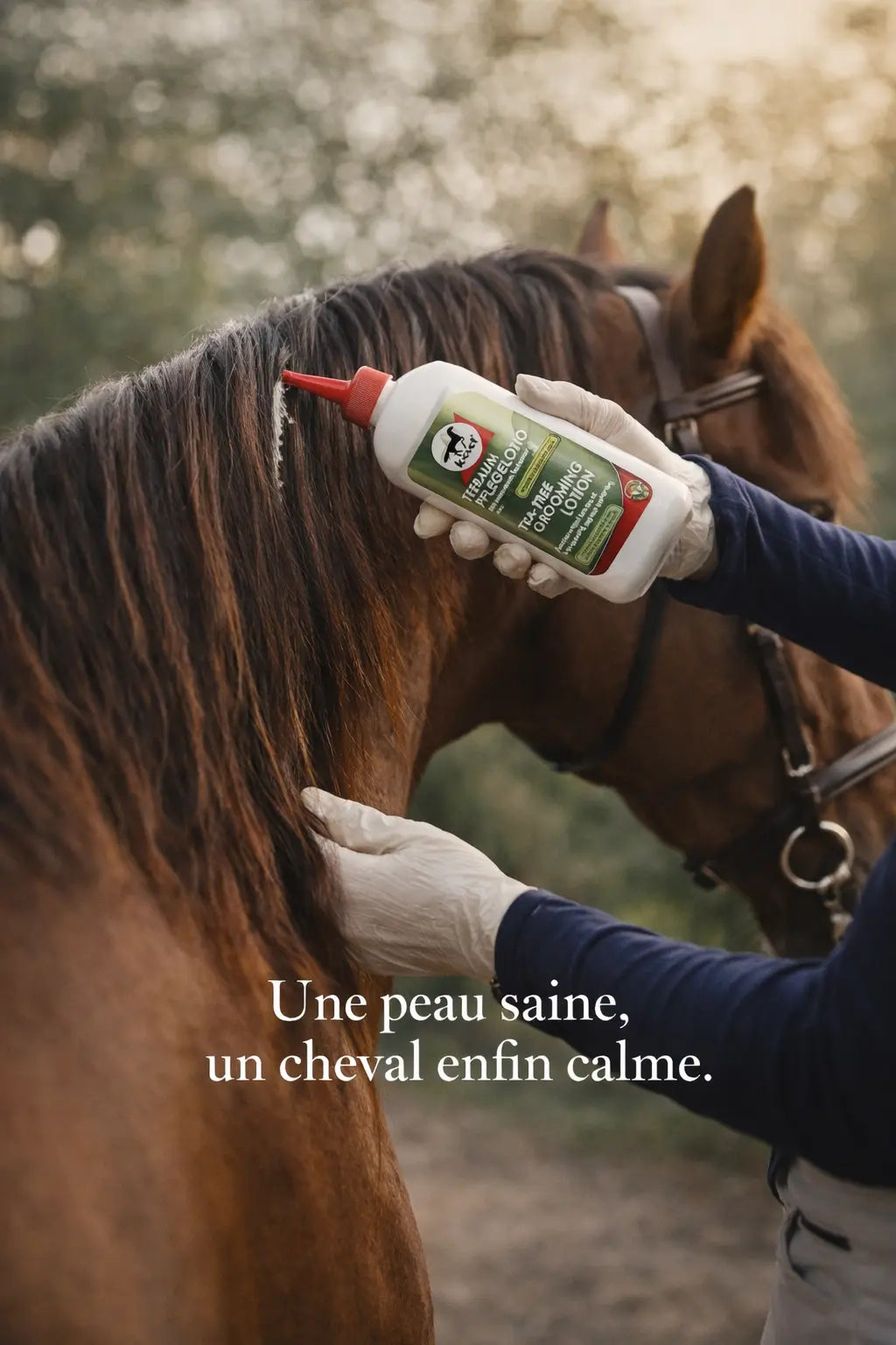 Application de la lotion Leovet sur la crinière d'un cheval pour un soin cutané doux.