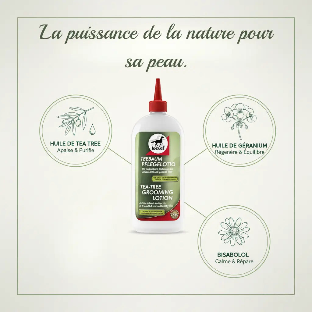 Ingrédients naturels : tea tree et bisabolol pour régénérer l'épiderme équin.
