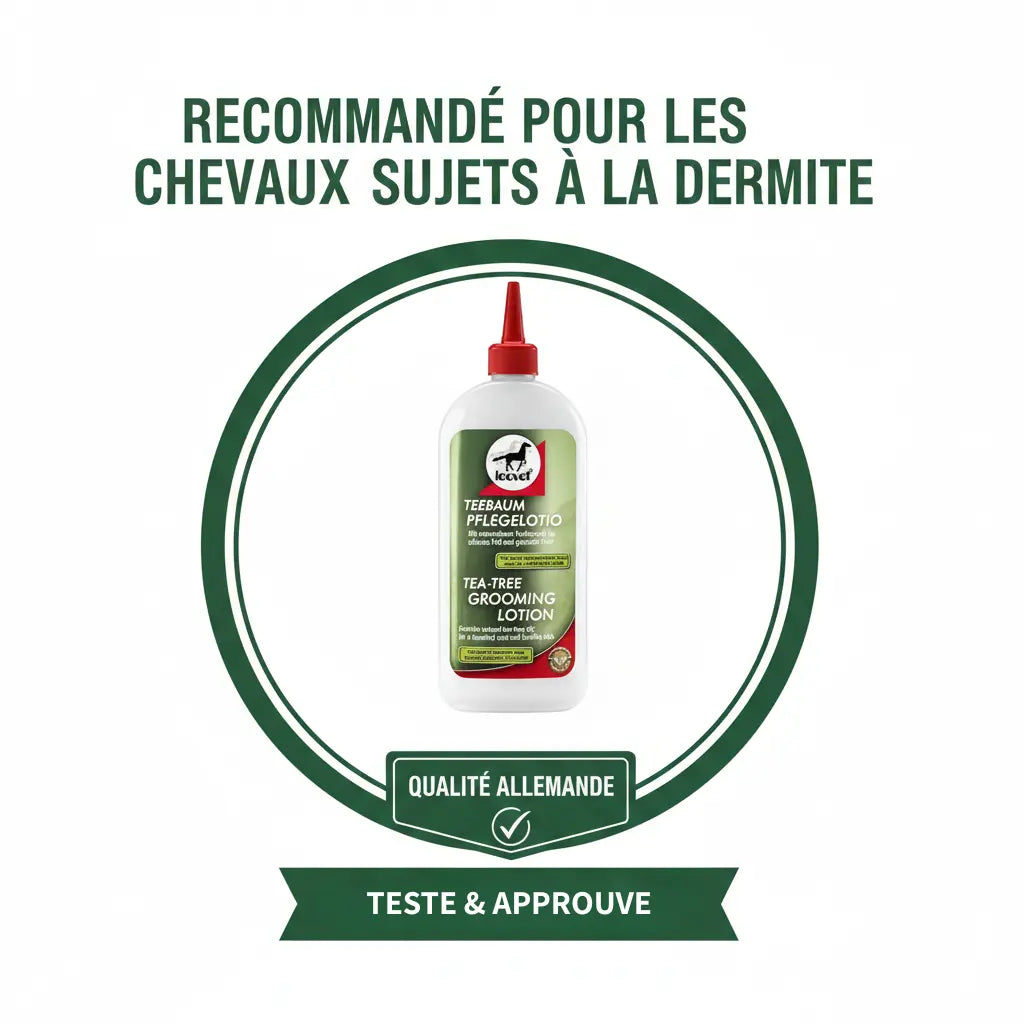 Soin dermatologique équin Leovet certifié pour chevaux sensibles et dermiteux.