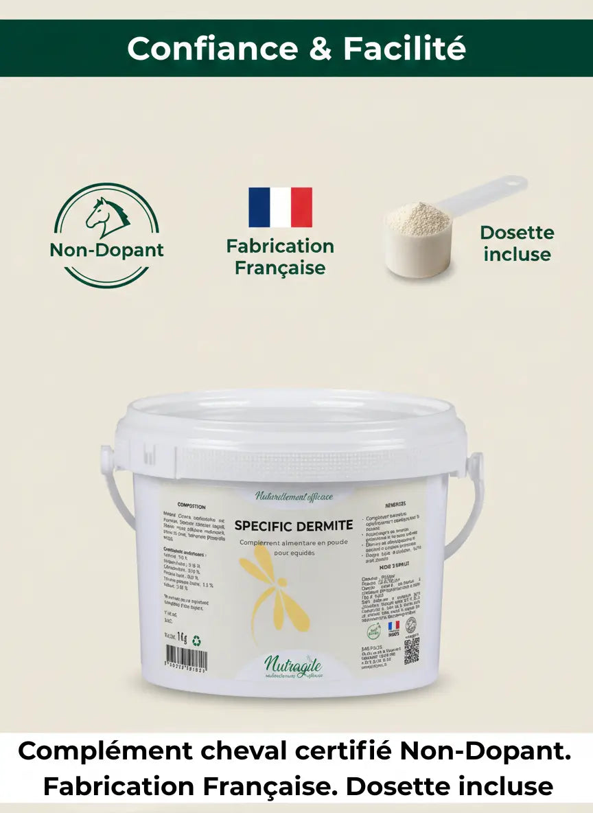 Complément cheval certifié non dopant fabriqué en France avec dosette.