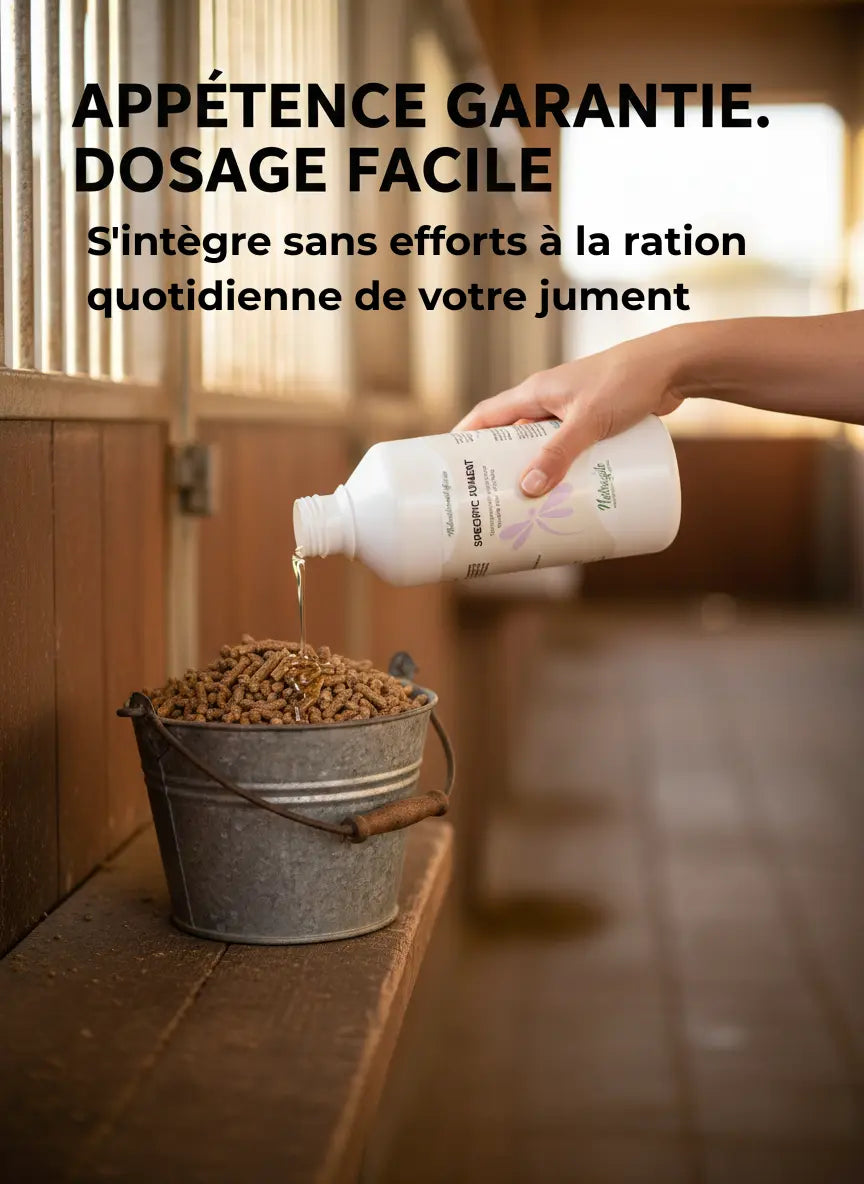Administration facile du liquide Nutragile Spécific Jument sur une ration