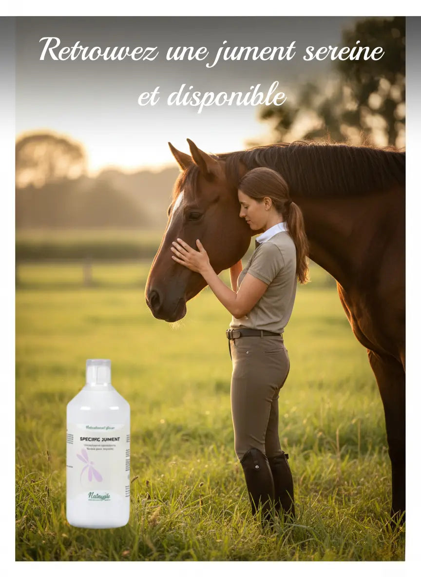 Femme caressant sa jument apaisée grâce au complément Nutragile Chaleurs