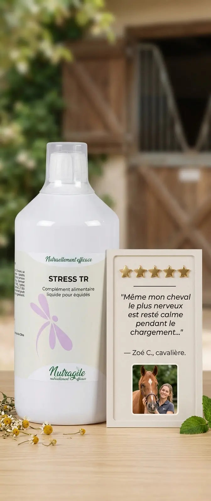 Avis client 5 étoiles validant l'efficacité du calmant Stress TR liquide sur un cheval anxieux.