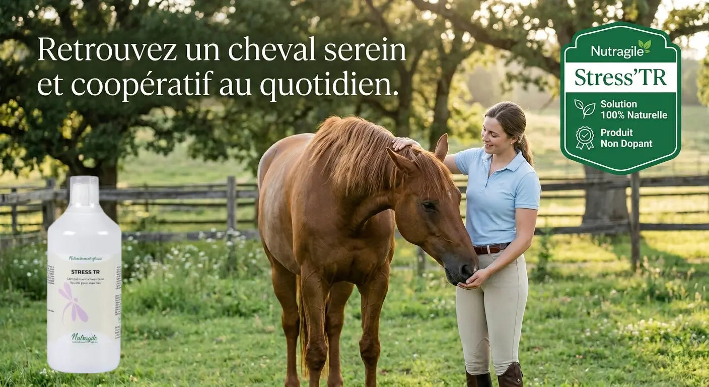 Cavalier complice avec son cheval détendu et serein grâce à l'anti-stress naturel Nutragile.