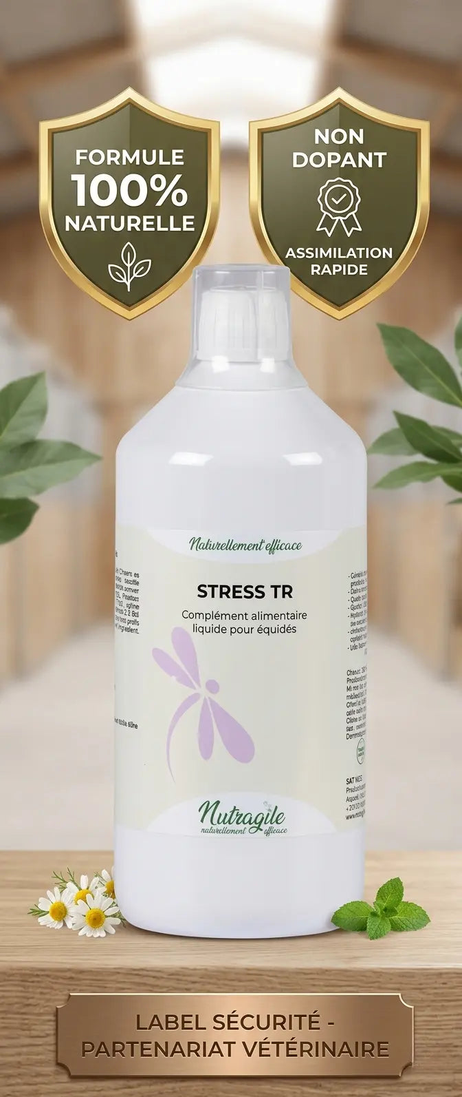 Formule liquide naturelle et non dopante de l'anti-stress pour cheval Nutragile.