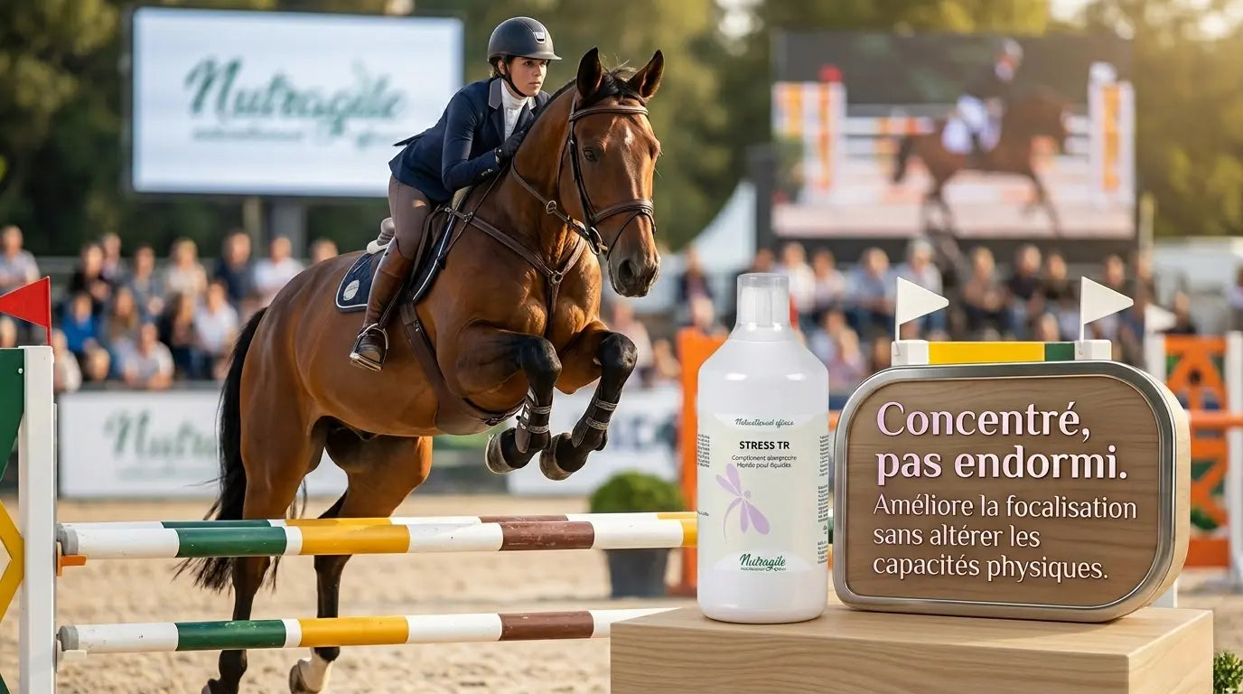 Cheval de sport concentré et performant en compétition avec le calmant non dopant Nutragile.