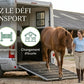 Cheval descendant calmement de son van, serein apres le transport avec le Stress TR liquide.