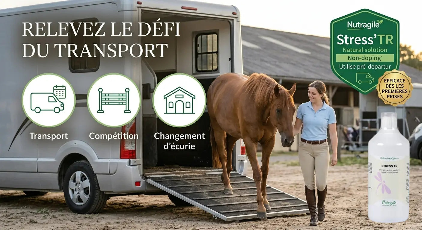 Cheval descendant calmement de son van, serein apres le transport avec le Stress TR liquide.