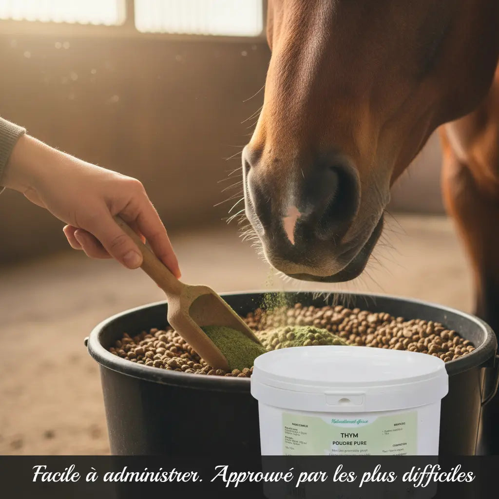 Utilisation facile du thym en poudre dans la ration du cheval.