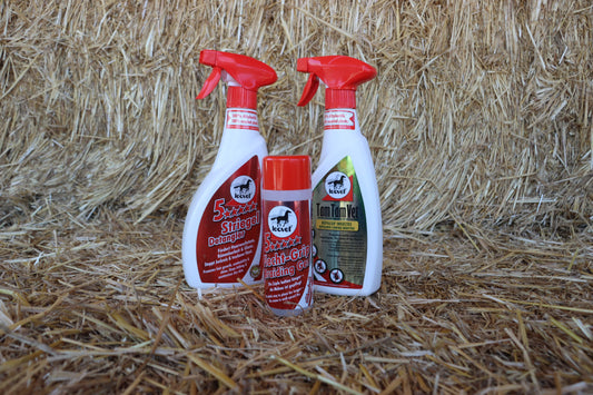 Lot de 3 produits de la marque LEOVET. Un spray anti-mouches TamTamVet de 550ml, un spray de démêlant 5 étoiles 550ml, un gel de tressage 200ml 