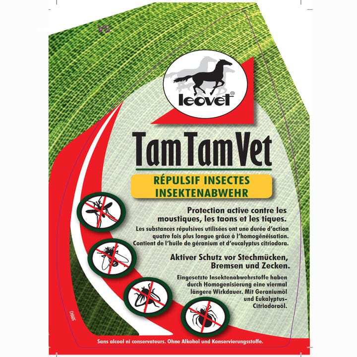 Etiquette de l’anti mouche pour chevaux  et poneys TamTamVet de Leovet  formulé à base d’huiles essentielles aux propriétés répulsives contre les mouches, tiques, taons, moucherons et moustiques. La durée d’action des huiles essentielles est 4 fois plus longue grâce un processus d’homogénéisation.